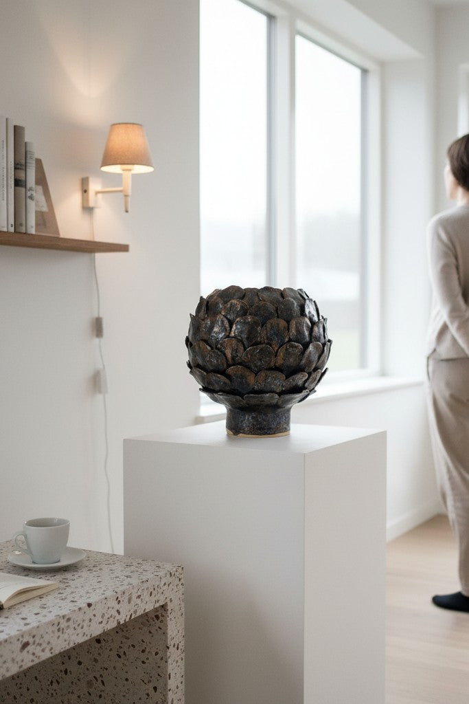 Stentøjsvase med bronze kronblade