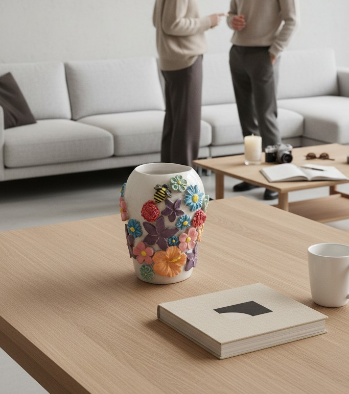 Håndlavet stentøjsvase med farverige blomster og bi