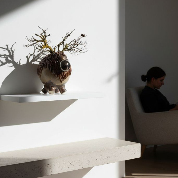 Rødbrunt keramisk rensdyr med naturgrene – 19 cm
