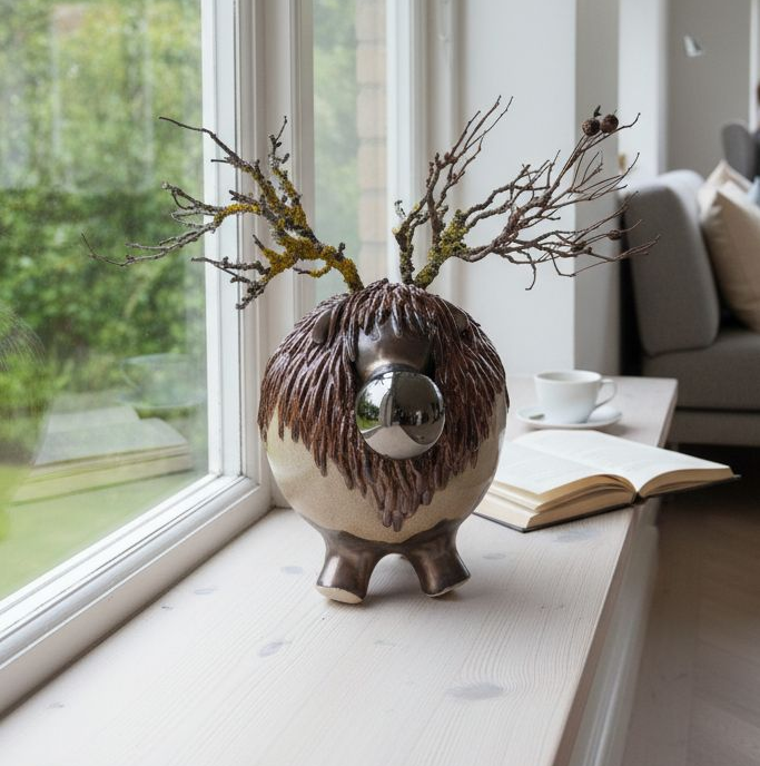 Rødbrunt keramisk rensdyr med naturgrene – 19 cm