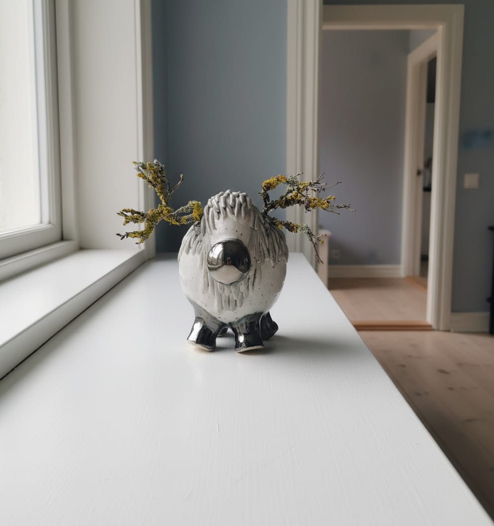 Lille gråt keramisk rensdyr med naturgrene – 11 cm