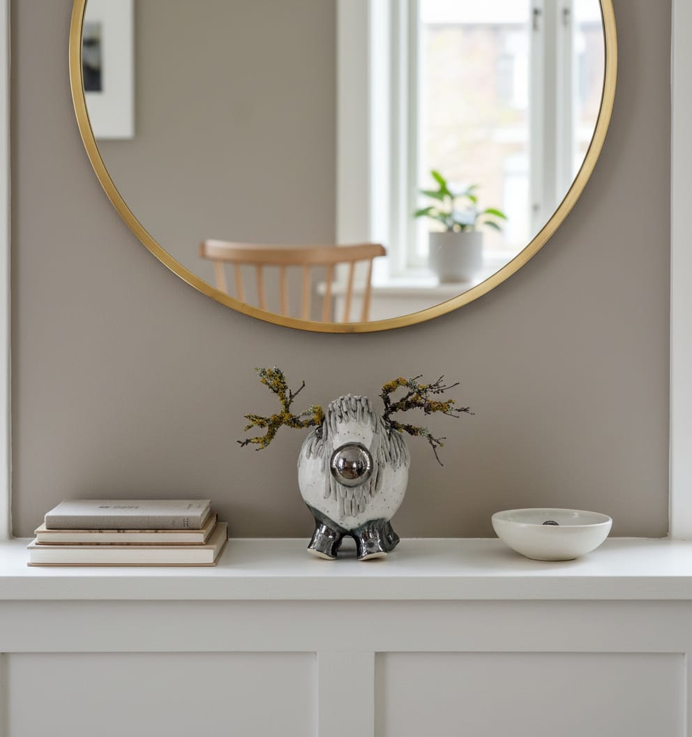 Lille gråt keramisk rensdyr med naturgrene – 11 cm