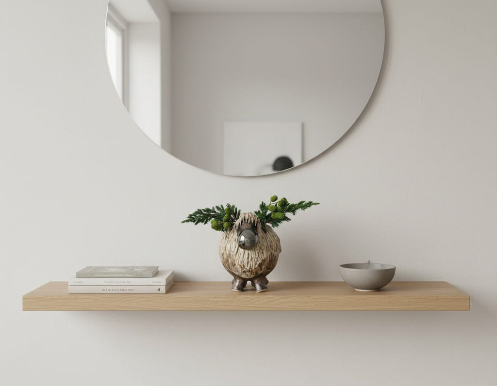 Brunmeleret keramisk rensdyr med naturgrene – 18 cm