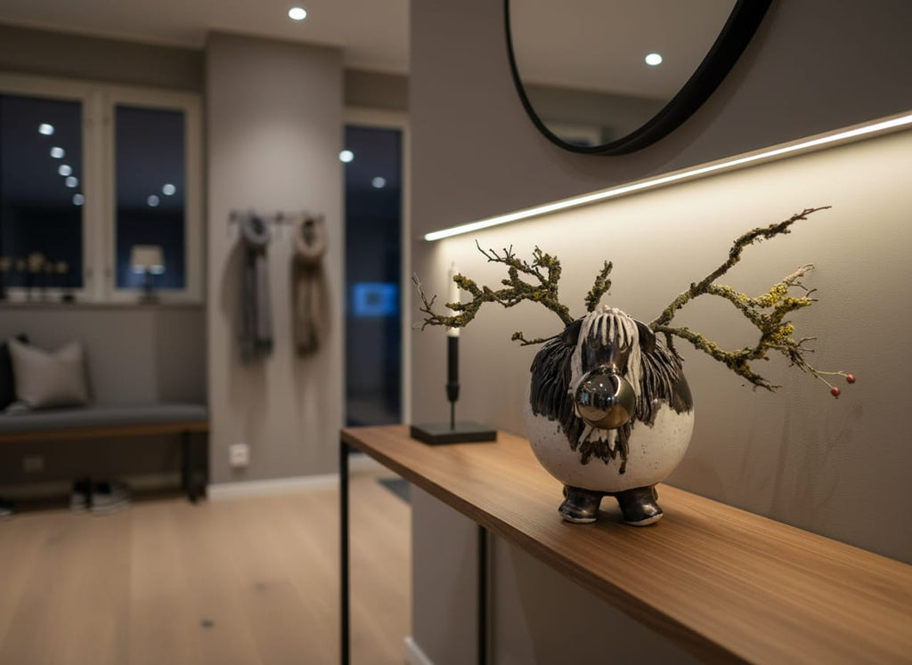 Hvidt keramisk rensdyr med naturgrene – 18 cm