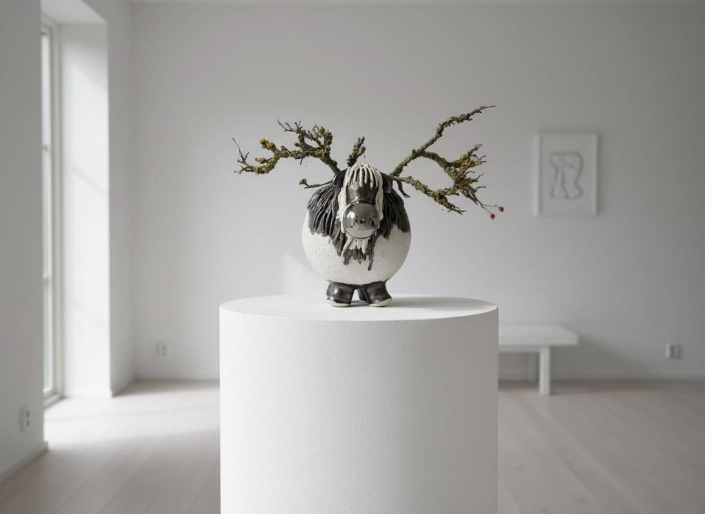 Hvidt keramisk rensdyr med naturgrene – 18 cm