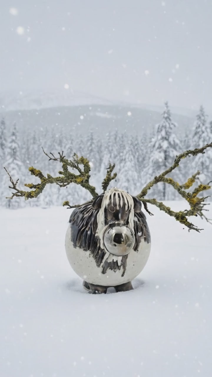 Hvidt keramisk rensdyr med naturgrene – 18 cm