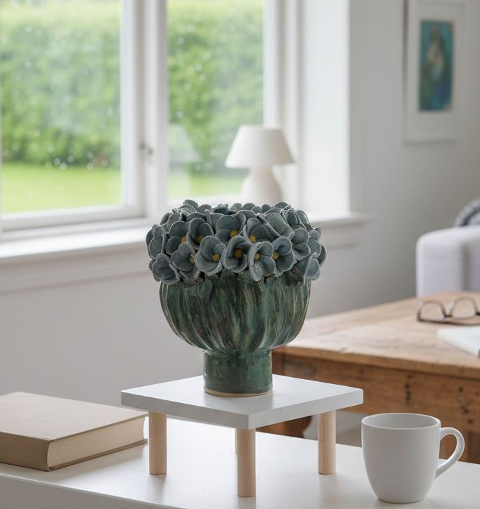 Stor vase med blomsterkrans