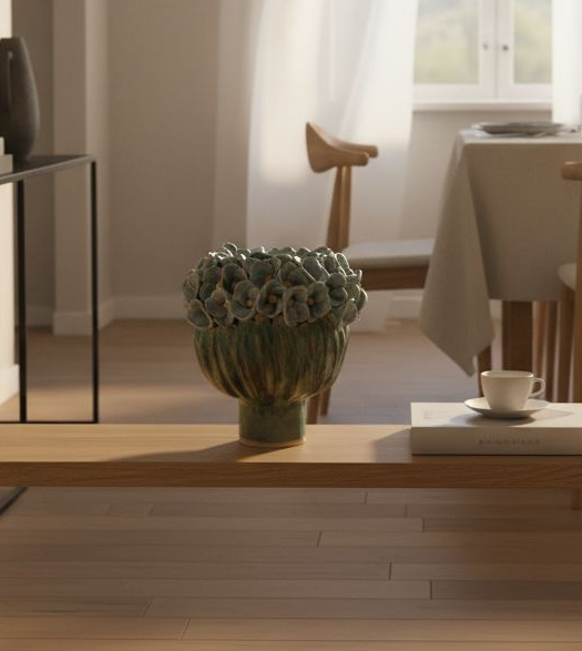 Stor vase med blomsterkrans